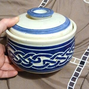 Ceramic bowl trinket dish container with lid blue celtic tribal design